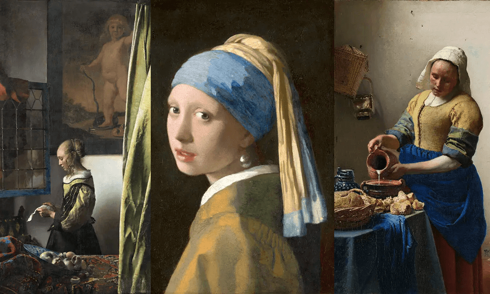 Collage de 'La liseuses à la fenêtre', 'La jeune fille à la perle' et 'La Laitière' de Johannes Vermeer © Rijkmuseum