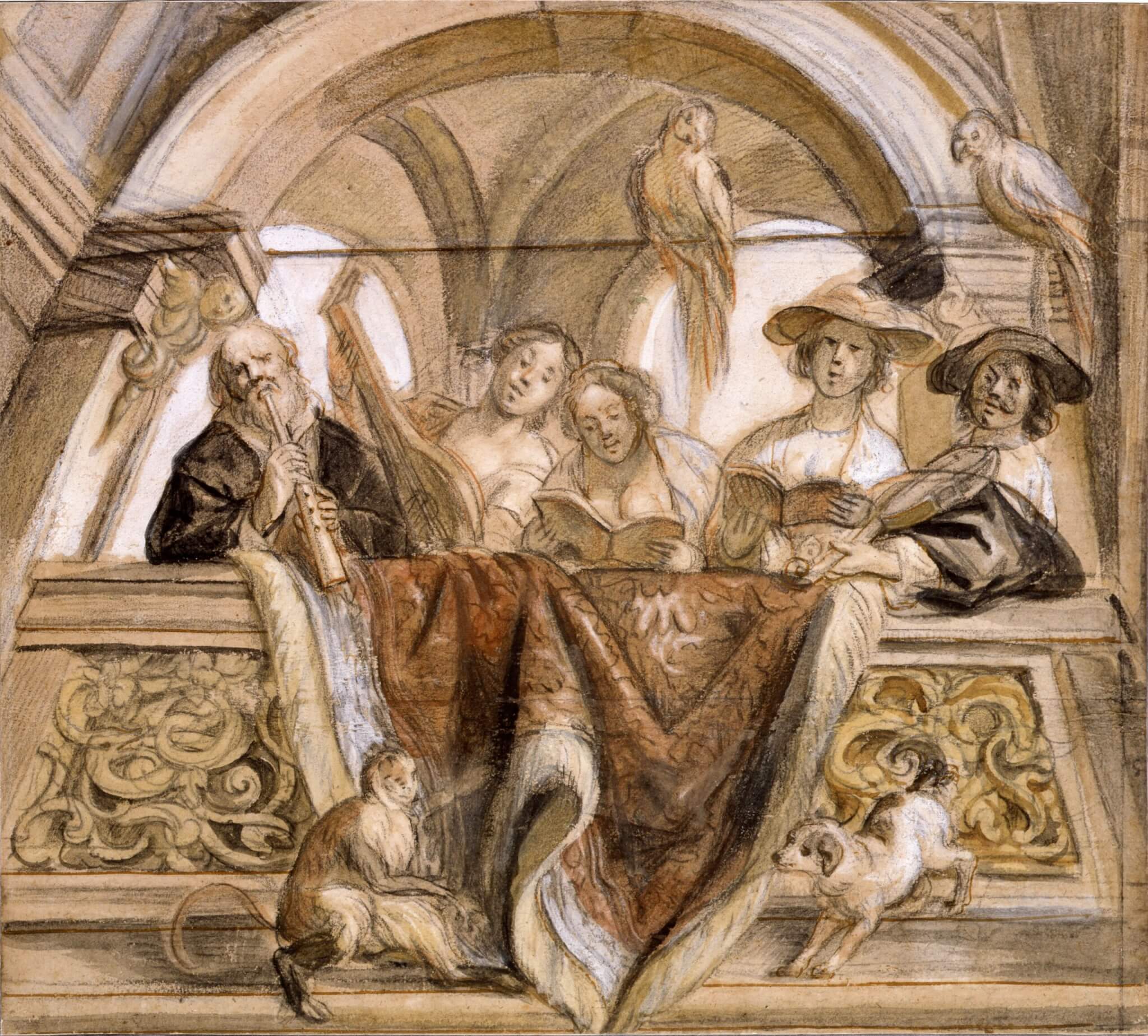 Aquarelle rehaussée de Jacob Jordaens figurant un groupe de musiciens à un balcon