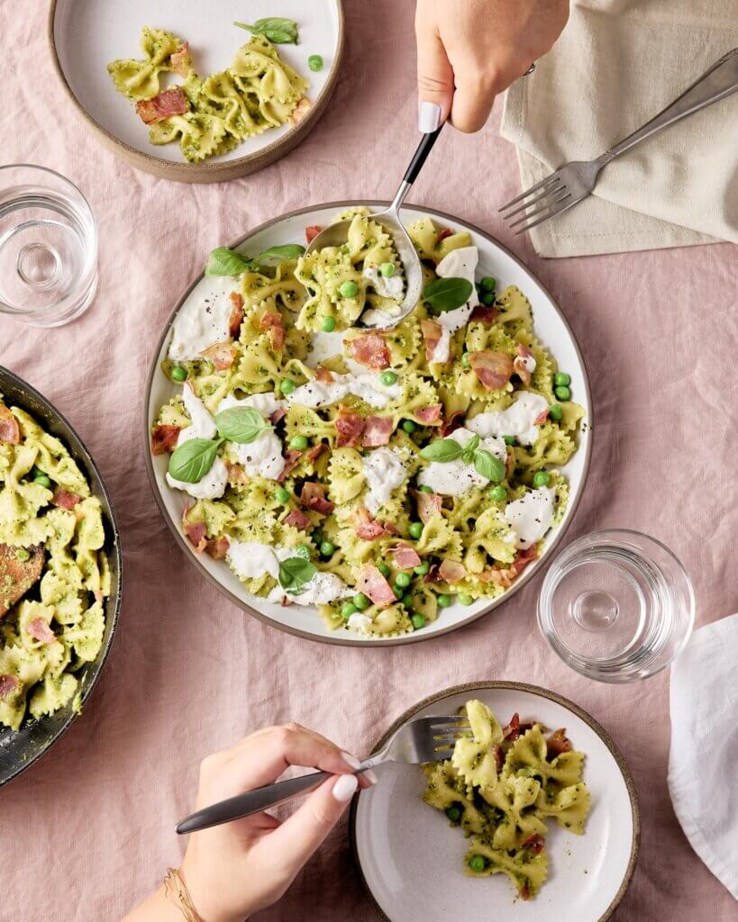 Recette Farfalle pesto de petits pois et pancetta de Leslie en cuisine