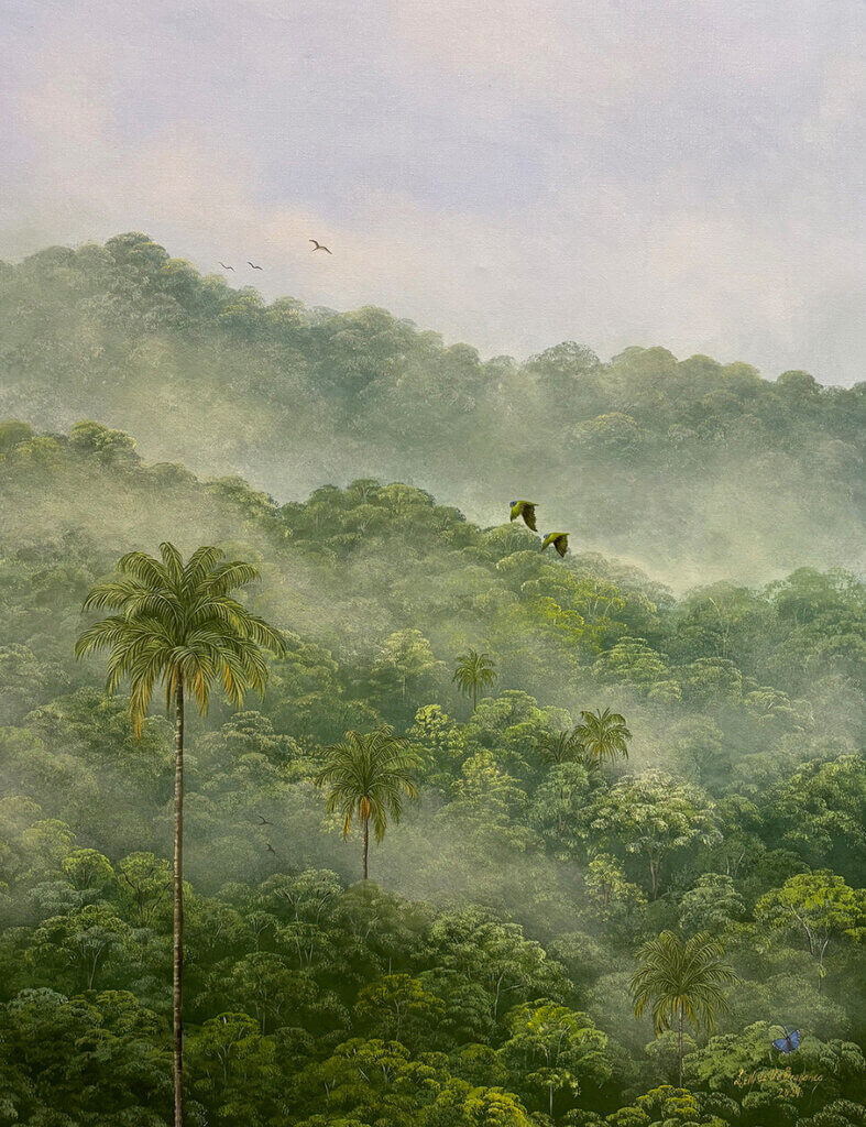 Palmiers dans la brume, 2024, acrylique et huile sur toile, 80 x 65 cm © Lelli de Orleans e Bragança