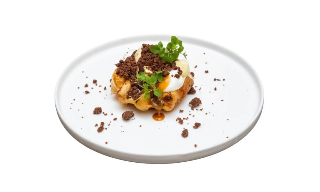 Luikse wafel, gezouten karamel en cacao crumble